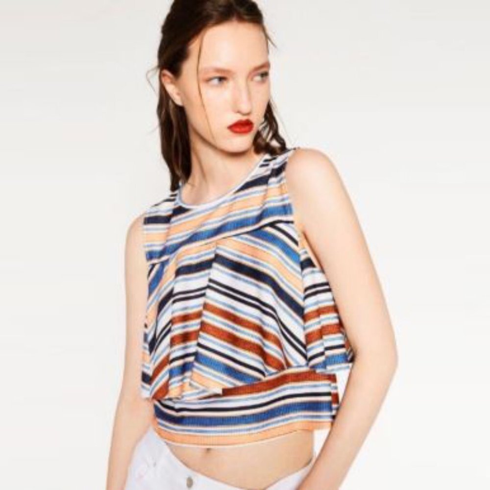 Zara Crop Stripe Frilled Top